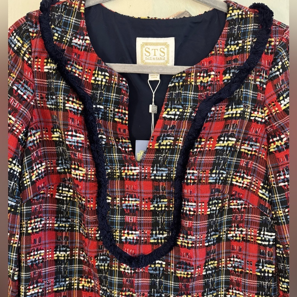 SAIL TO SABLE Red Navy Yellow Tartan Tunic Fringe Dress NWT Size Small - Picture 3 of 9